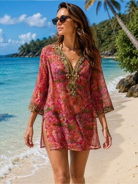 ☀️🏝️Raj India Silk Jewelled Beach Cover Medium